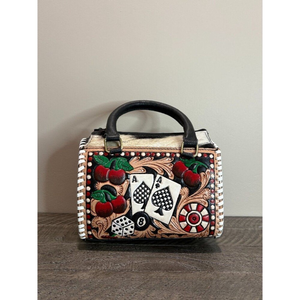 Hand Crafted Tooled Leather Cowhide Satchel Bag Western Rockabilly Gamble Small